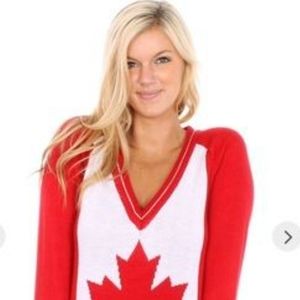 NWT Tipsy Elves Canada Christmas Sweater Sz S Red V-Neck Long Sleeve Maple Leaf
